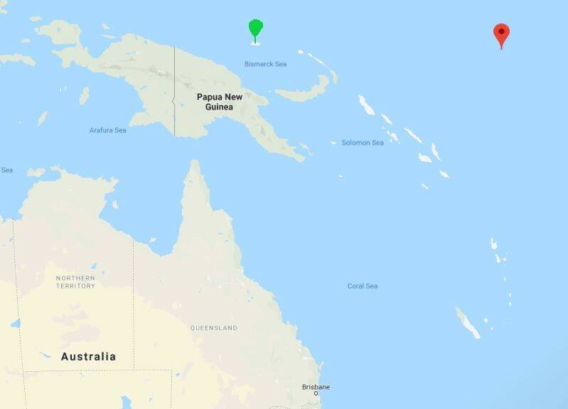 The red dot in this Google Maps screenshot shows the location of Nauru Island while the green dot shows the location of Manus in relation to Australia. Picture: Google Maps 