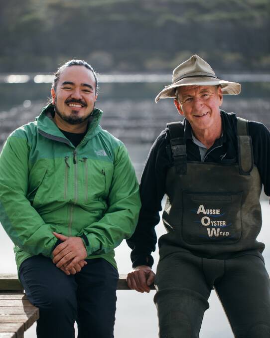 Adam Liaw meets Gary Rodley in Tathra during the series' filming. Picture: Supplied 