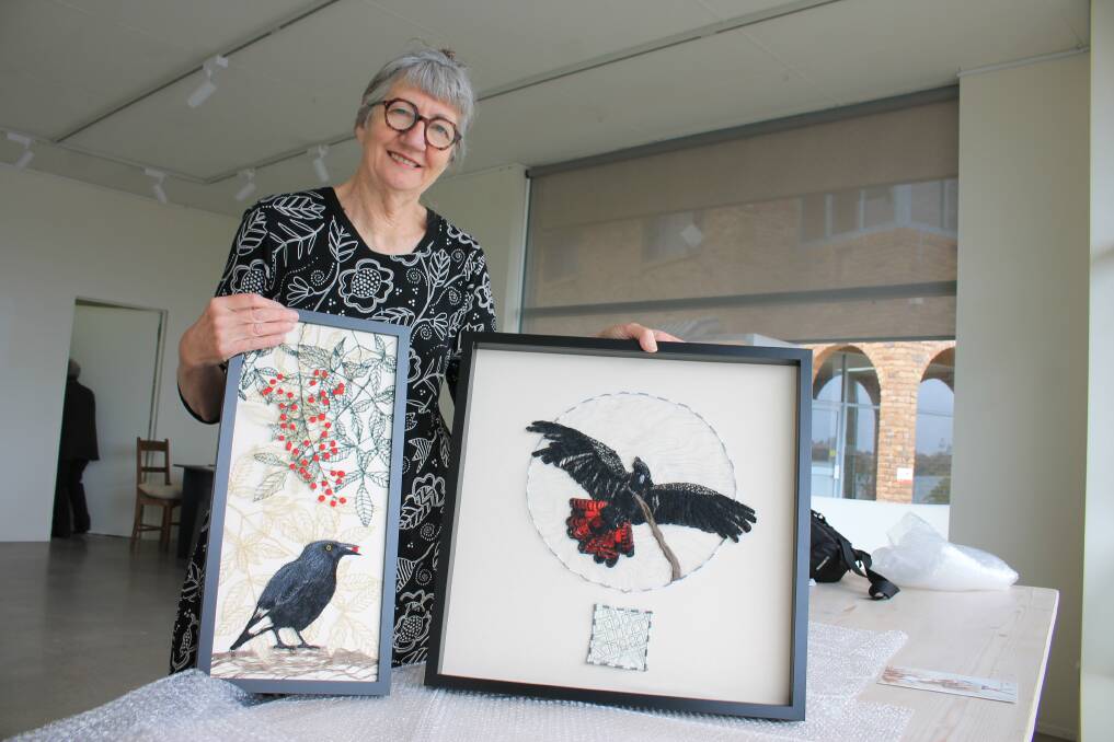 SONG MAKERS: Sharon Peoples holds two of her artworks made by machine embroidered lace which will be on display in Narek Gallery in Bermagui. 