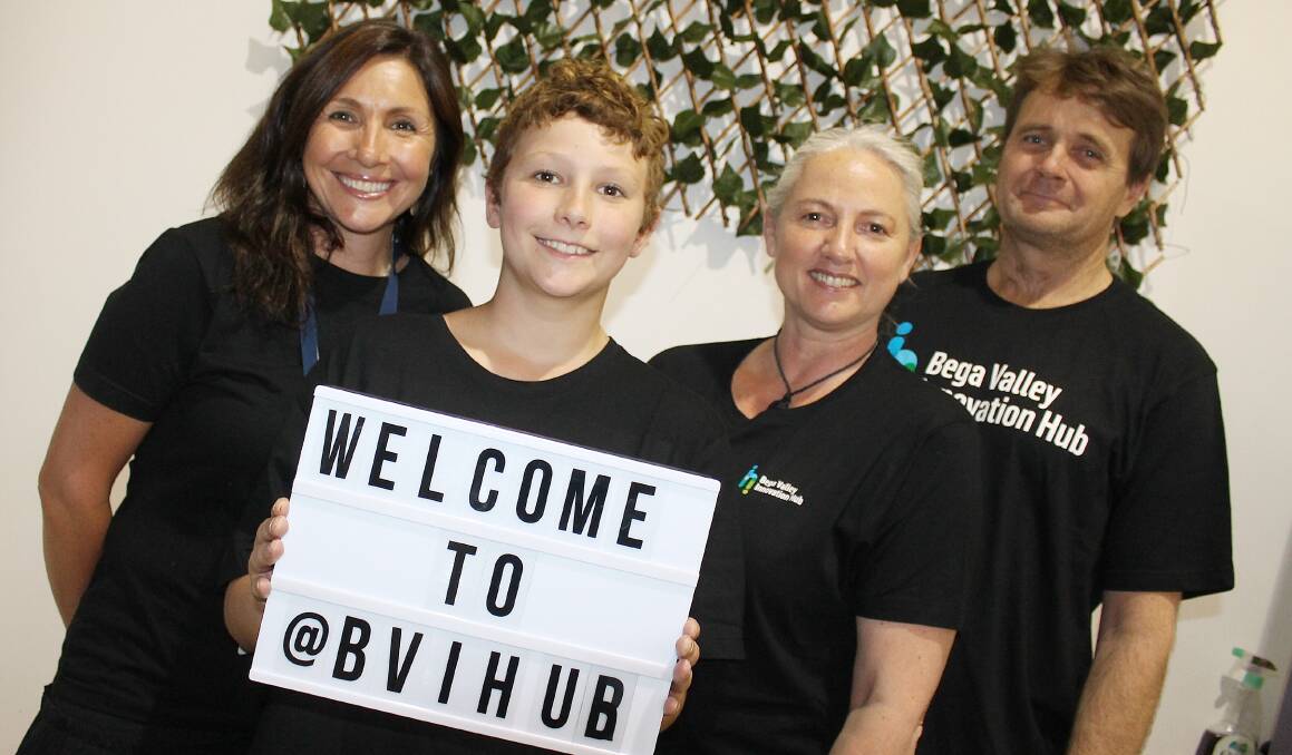NEW STORE: Bega Valley Innovation Hub manager Mia Maze, her son Xavier Maze - who is keen for the gaming and coding classes to begin at the pop-up store - and Saarinen Organic's Kay and Gregg Saarinen. 