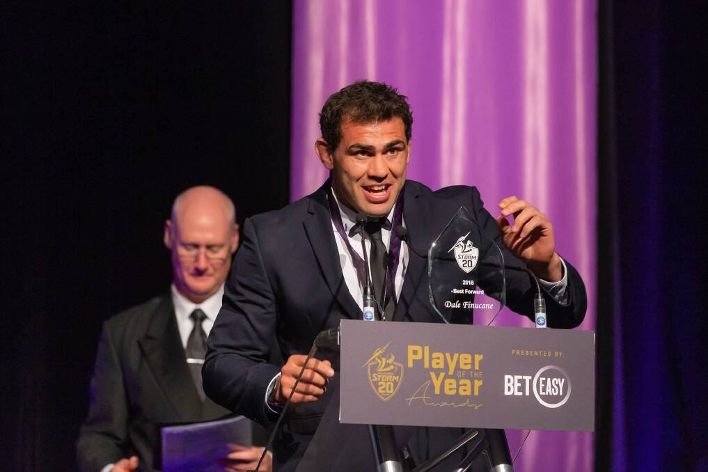FOOTBALL STAR: Dale Finucane is named forward at the Melbourne Storm Player of the Year Awards. 