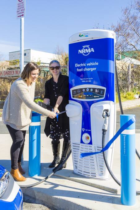 Bega Valley Shire Mayor Kristy McBain and the NRMA's Nell Payne officially open the fast-charging station. Picture: Robert Hayson