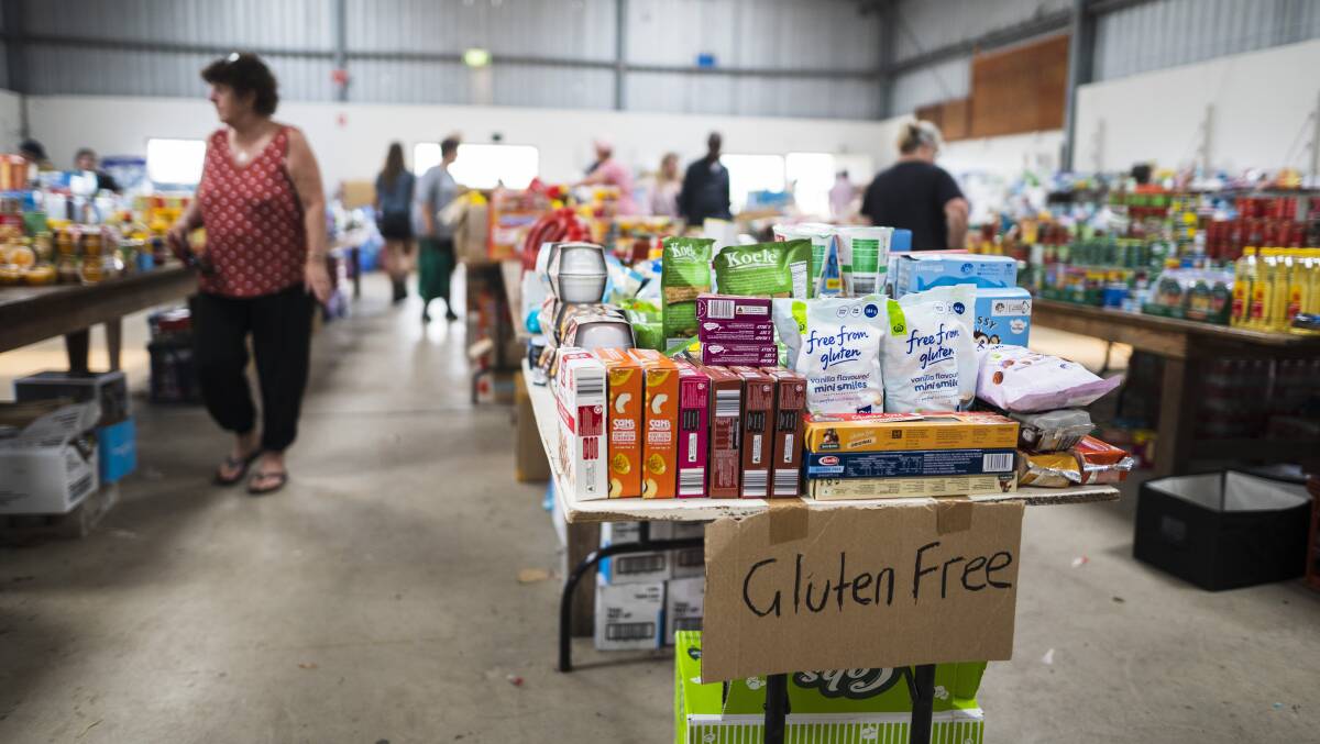 Tables of food for people in need at the Cobargo Relief Centre earlier this year. Picture: Dion Georgopoulos