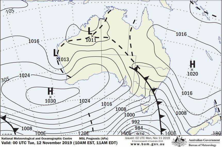 This short-term forecast weather map from BoM shows the cold front moving through NSW on Tuesday. Image: Bureau of Meteorology 