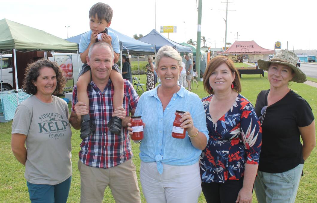 MEETING THE COMMUNITY: Yasmin Catley (centre) meets Jo Lane, Greg Lissaman and his son Zachary, Leanne Atkinson and Karolina Russell at markets in Bermagui on Thursday. 
