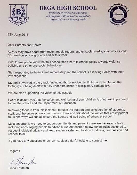 The letter published to the Bega High School Facebook page on Friday. 