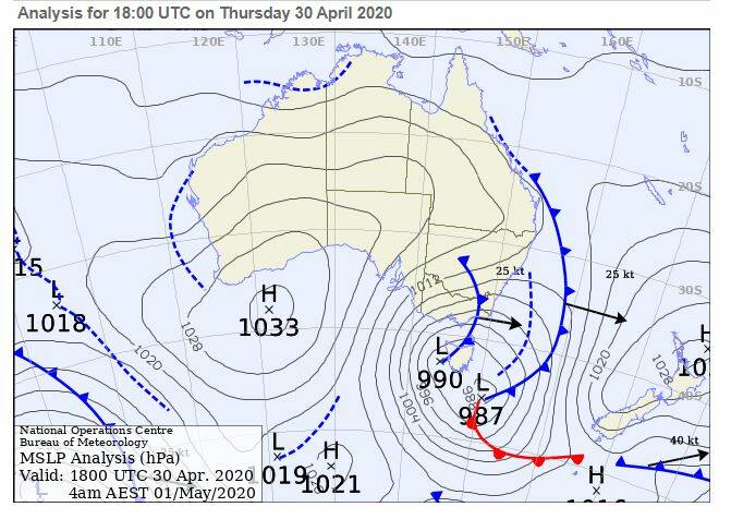 Weather mapping by the Bureau of Meteorology shows a cold front moving across the southern half of NSW on April 30. Image: BOM 
