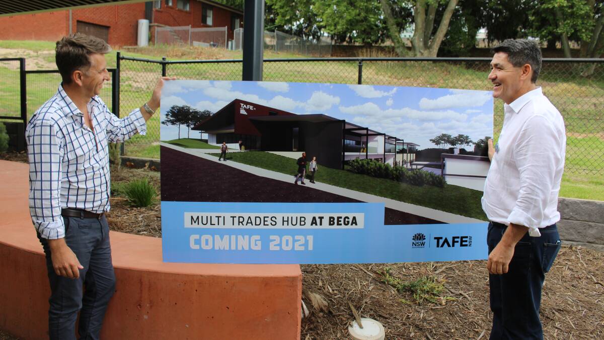 Bega MP Andrew Constance and NSW Minister for Skills and Tertiary Education Geoff Lee inspect the concept design for the new multi-trades hub, stage two of the new Bega TAFE Connected Learning Centre in November 2019. Photo: Ben Smyth