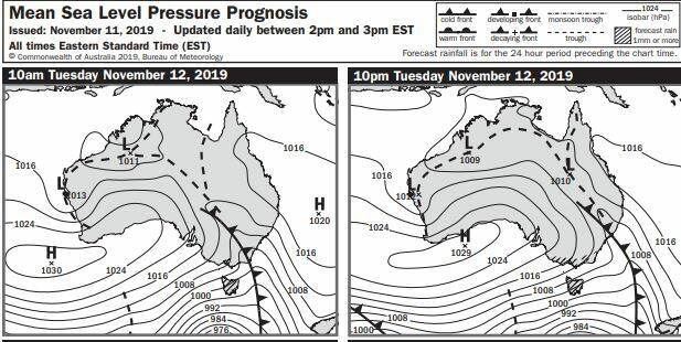 This forecast weather map from BoM shows the cold front moving through NSW on Tuesday. Image: Bureau of Meteorology 