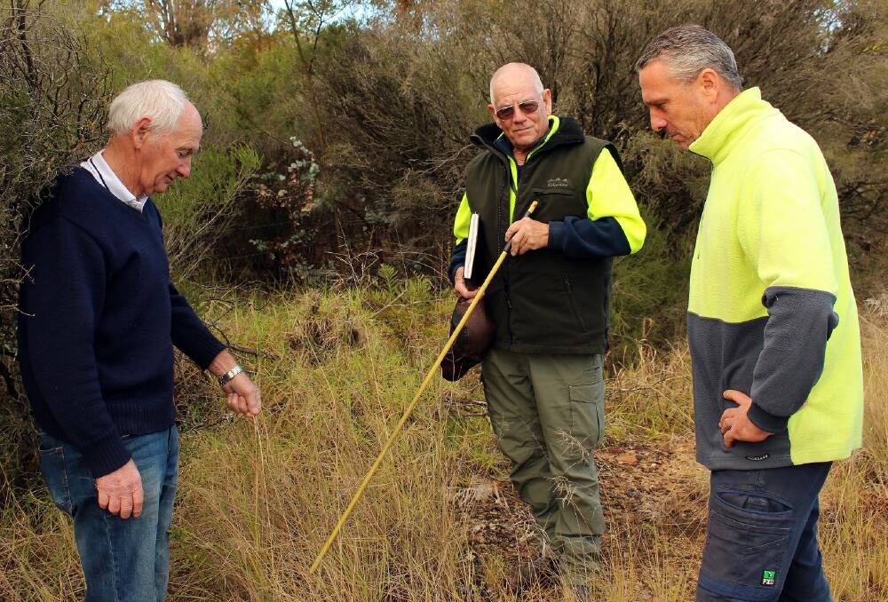 ON THE JOB: Bega Saleyards lessee David Boag, BVSC's Greg Madden and contractor Kevin Dibley discuss the weed spraying. Picture: BVSC's Facebook page