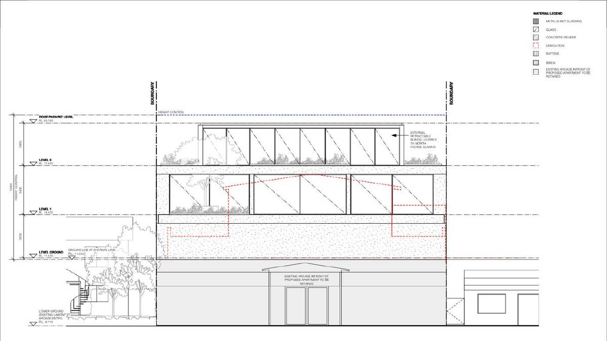This image shows the revised plans for the construction on Lamont St behind the street's arcade. The red line is the existing dwelling. Image: BVSC/Tobias Partners