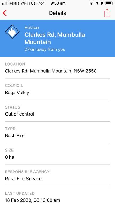 A screenshot of the Fires Near Me alert for the Clarkes Road fire. Picture: NSW RFS 