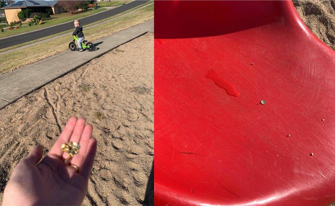 Haley Long's son Izaiah rides in the background, while Ms Long shows thumb tacks found in the Glen Mia Estate playground on Thursday. 