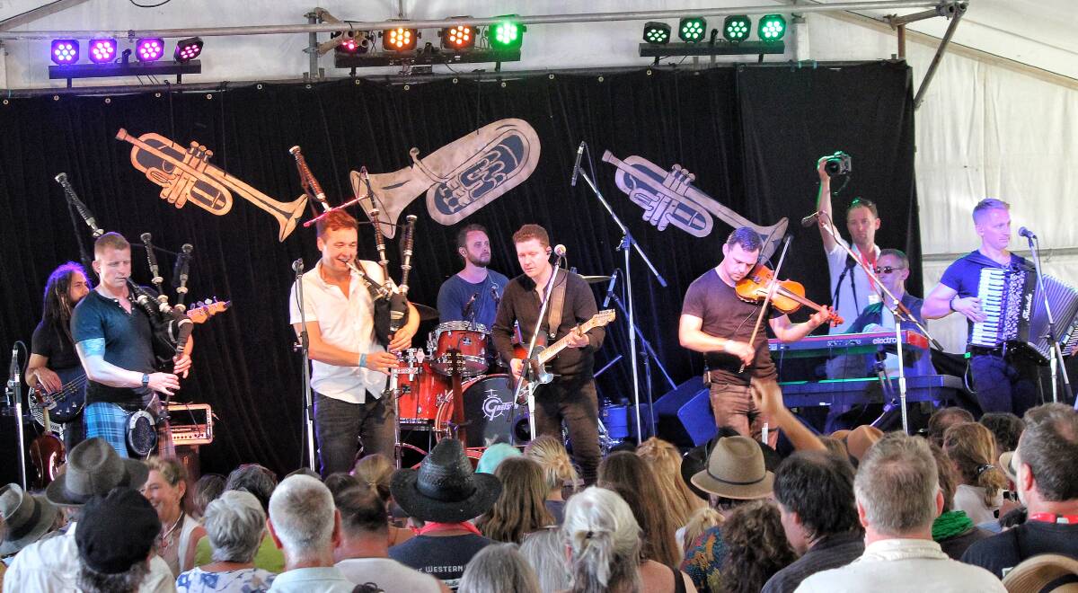 MIND BLOWING: Scottish trad rock fusion eight-piece Skerryvore play to a packed tent at the Cobargo Folk Festival on Sunday afternoon. 