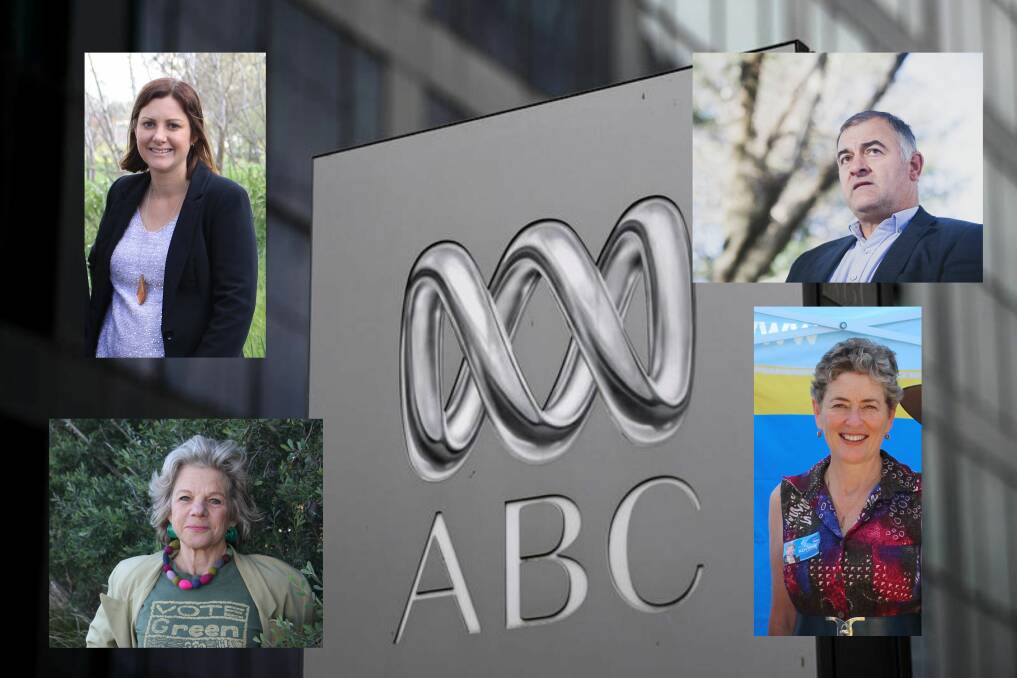 Eden-Monaro by-election candidates (from top left) Kristy McBain, Trevor Hicks, Cathy Griff and Fiona Kotvojs respond to the ABC's job losses. 