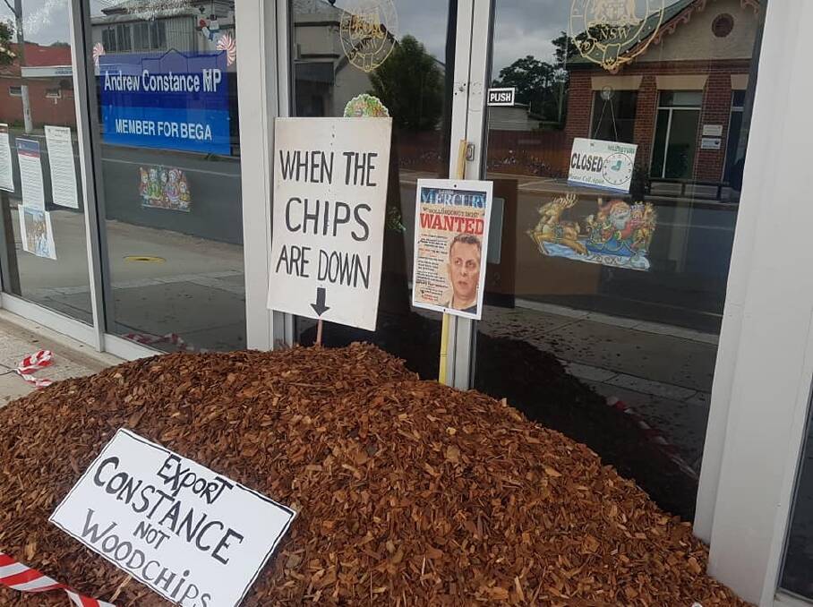 The woodchip pile placed outside Bega MP Andrew Constance's office. Picture: Supplied