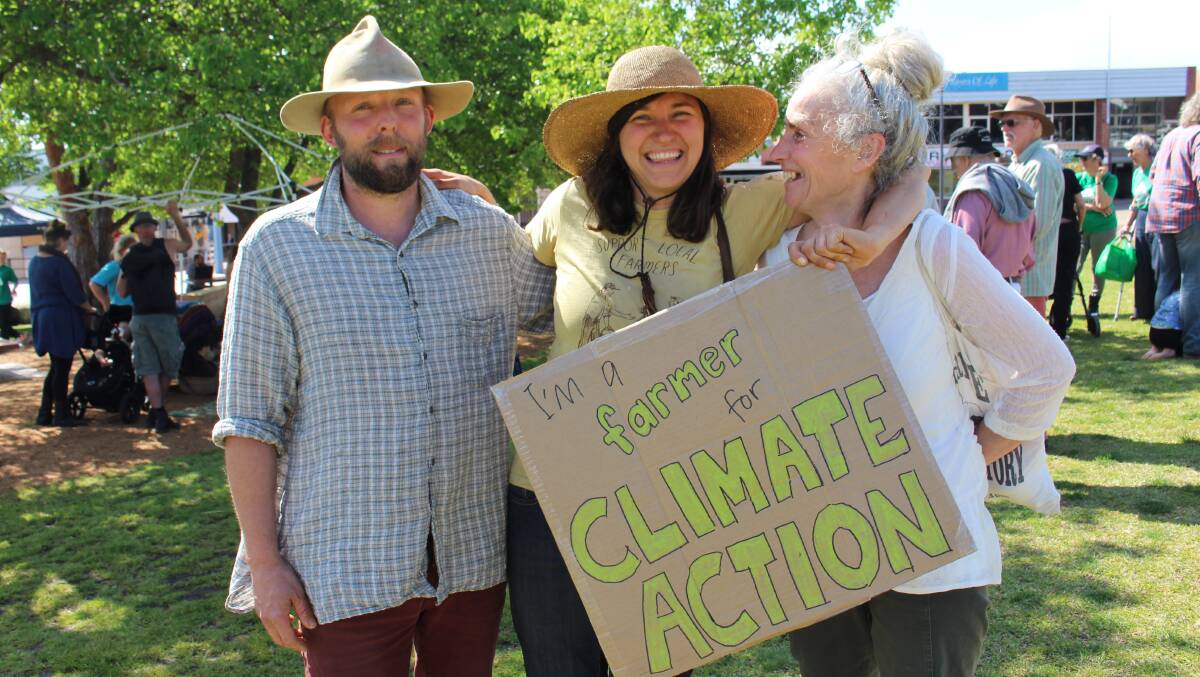 STRIKE: Reedy Swamp's Django Van Tholen and Belinda Sheekey attend September's Schools Strike 4 Climate rally in Bega with Tantawangalo's Colleen Chapman. 
