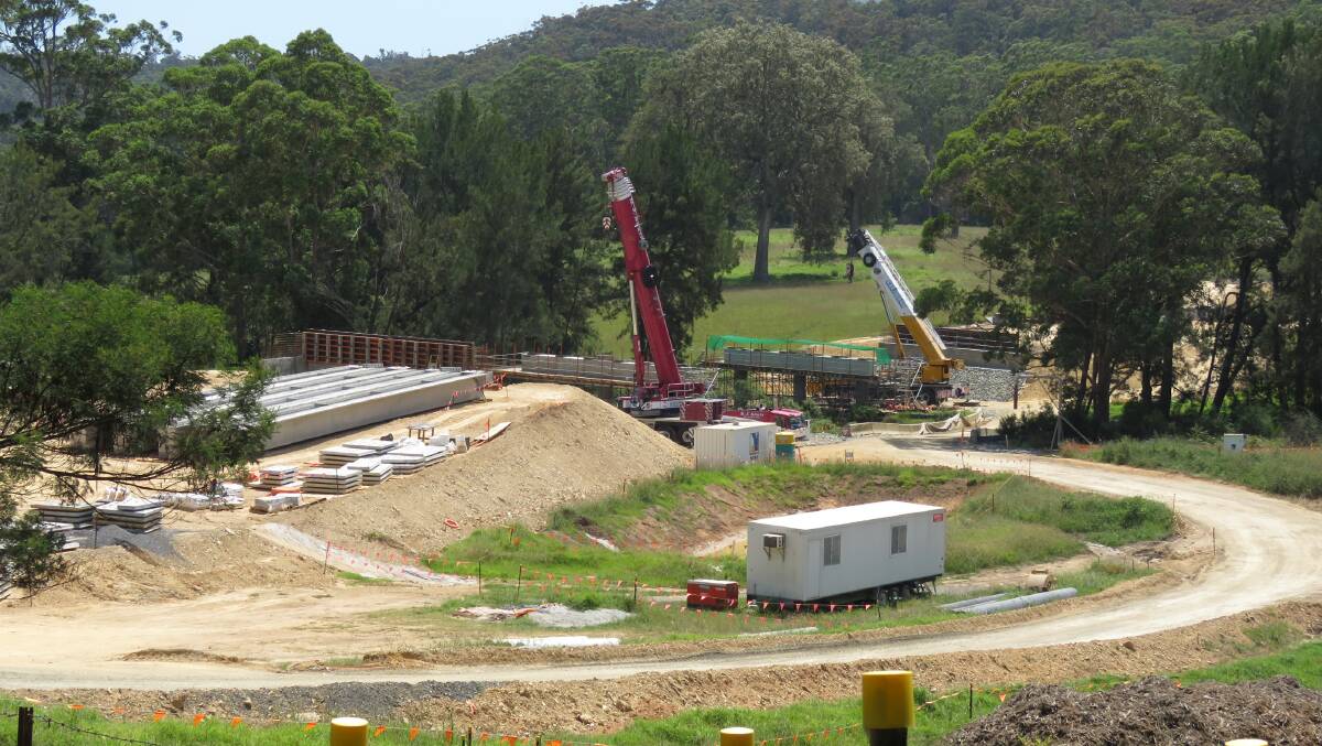 The Dignams Creek highway upgrade project as photographed by David Andrew in late January. Cranes can be seen erecting the bridges. 