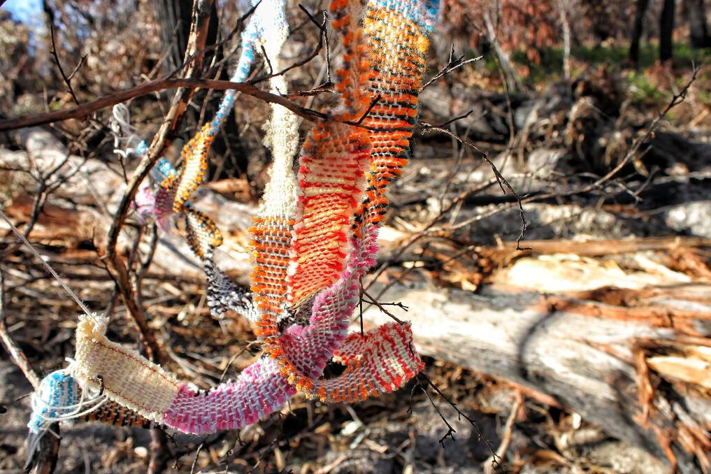 One creative local brought colour to the ash by 'yarn bombing' an area of burnt bush near the entrance to Tathra and Thompsons Drive last May. Photo: Alasdair McDonald 