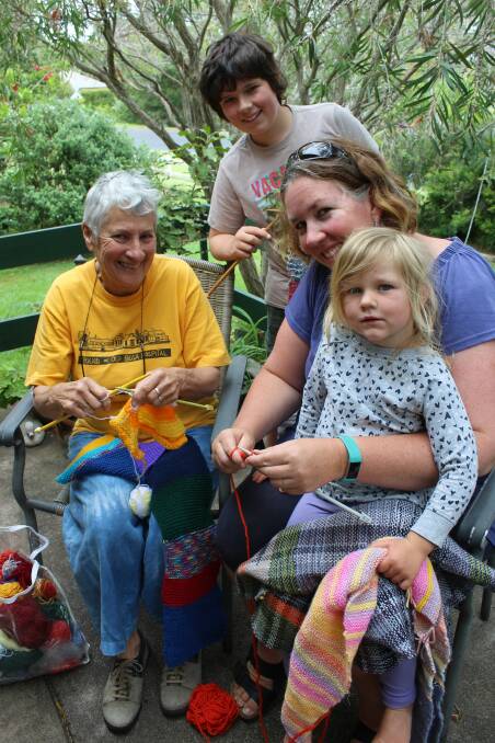 GETTING CRAFTY: Val Little knits with Meg Wholohan and her children Ashton Salter, 11, and Fern Salter, three, who support the call-to-arms to knit a roof for the Old Bega Hospital. 