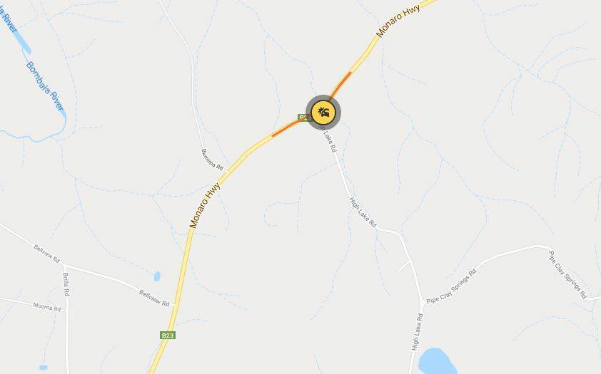 The Monaro Highway was closed in both directions near High Lake Rd. Image: Live Traffic/Google Maps 