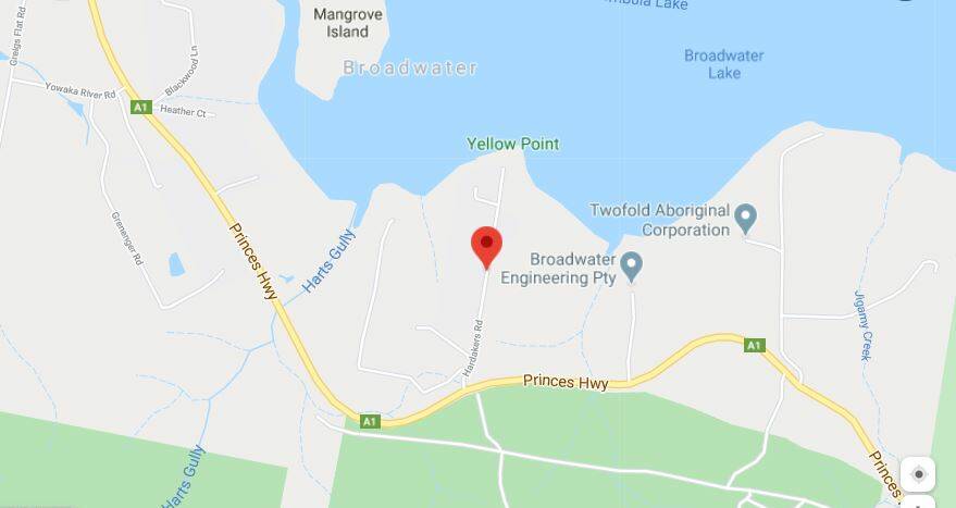 The red pin shows the location of Hardakers Rd, at Broadwater. Image: Google Maps 