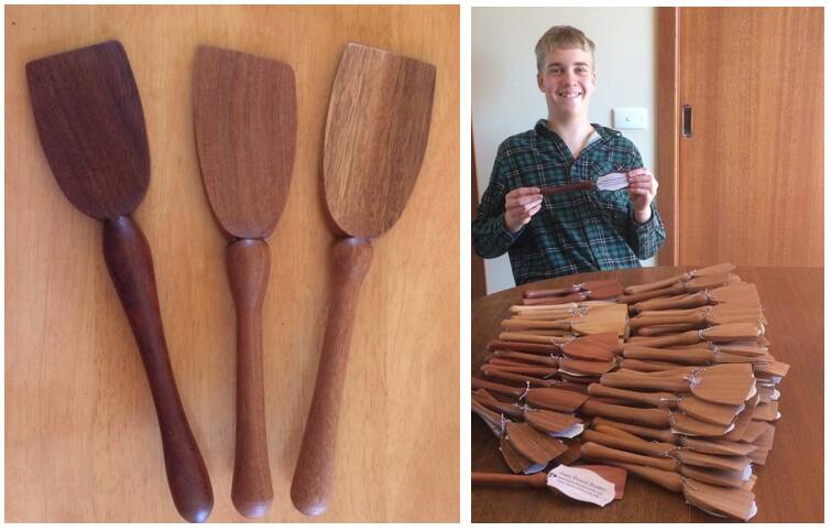 Bega's Jamie Parker-Barnes, 14, recently provided the Department of Foreign Affairs and Trade with 100 hand-turned wooden spatulas to be used as gifts for special guests.