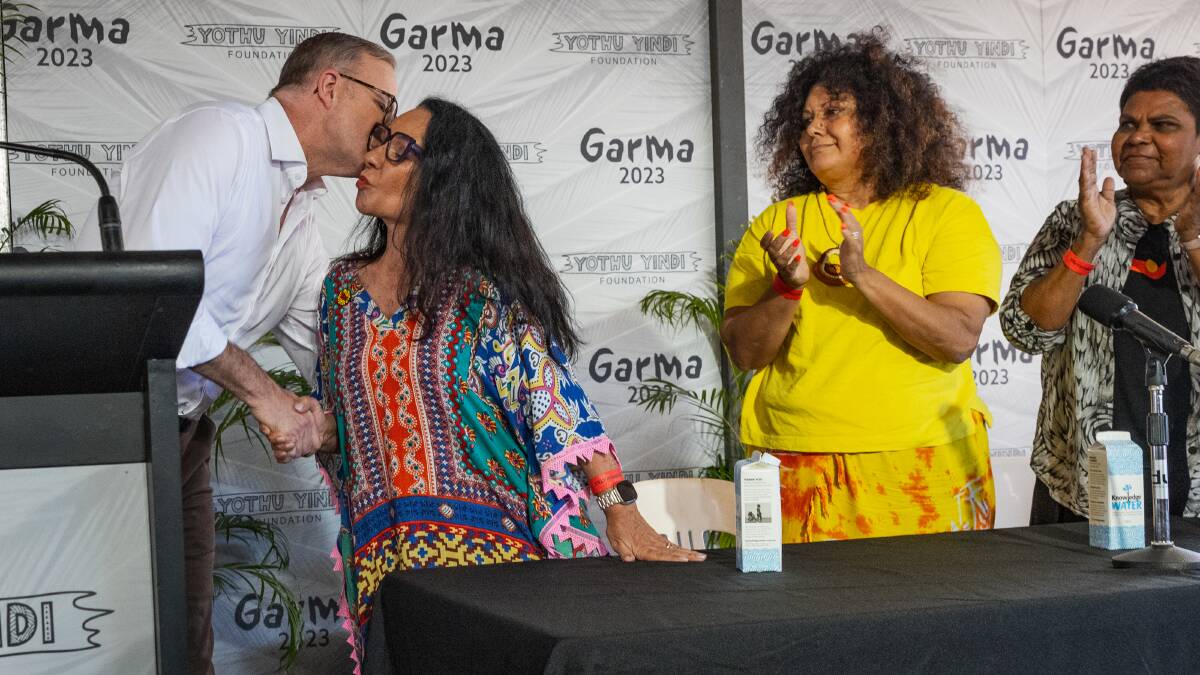 Prime Minister Anthony Albanese embraces Linda Burney at the Garma festival on Saturday. Picture Getty Images