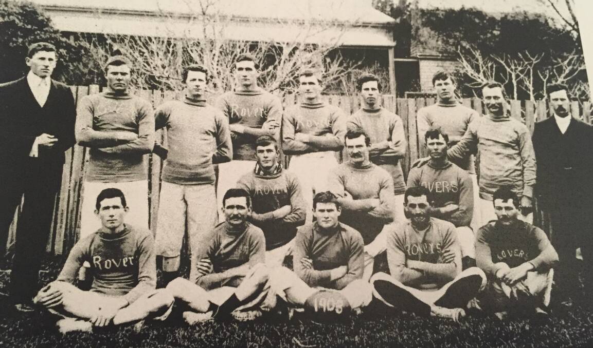 The Pyree Rovers 1903 team (back from left) Michael Walsh, Robert D. Borrowdale, Charles V. Monaghan, E.M (Morg) Ryan, Dave DeMestre, G Borrowdale, Peter Ryan, Bert DeMestre. Middle row: ???, ???. Alex D. McDonald, J Carberry. Front row: Jack Ryan, Hughie Green, ???, Bob Georgeson, Duncan Waddell.
