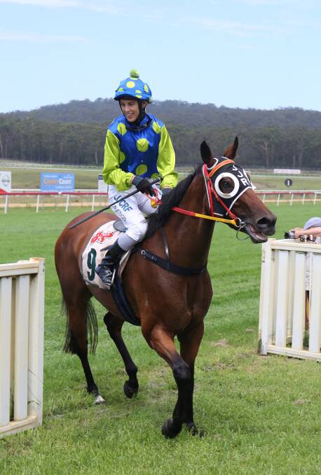 Courtney Gravener, pictured on Boston Ivy, rode Appoint Percy to a Bega Cup victory to claim the $50,000 headline event at the Sapphire Coast Turf Club on Sunday. 