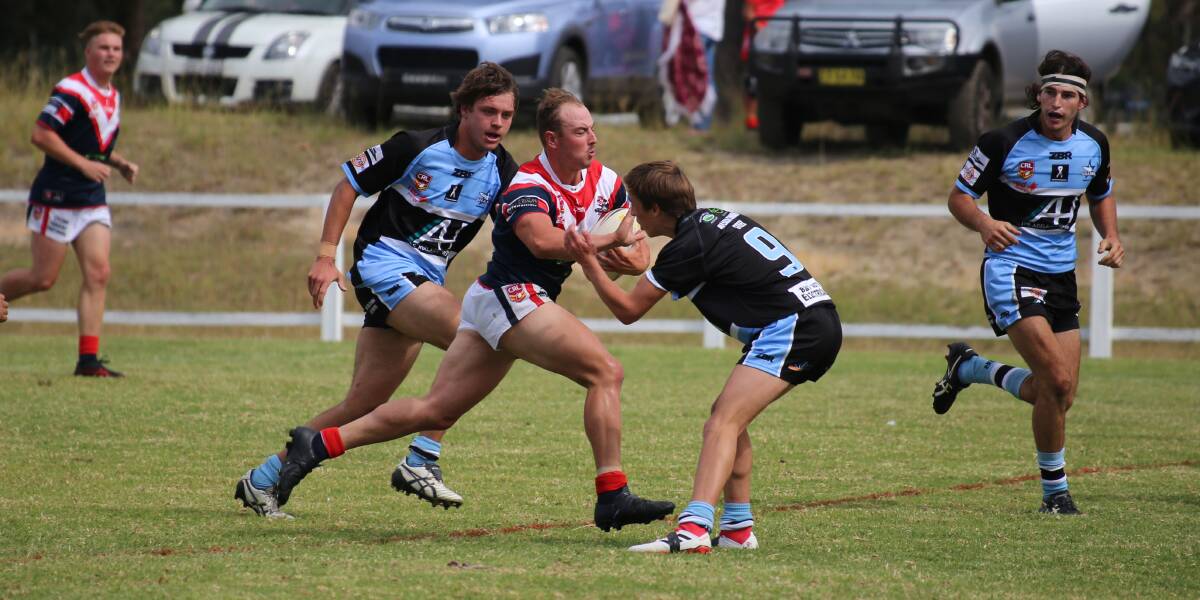 Key: Hayden Parbery fends off a tackle effort by the Sharks during the Nines Tournament with Bega hosting Moruya this weekend. 