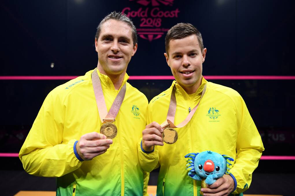 Gold addition: Zac Alexander (right), pictured with doubles team-mate David Palmer, will contest the Australian Open of Squash in Bega in July. Picture: AAP. 