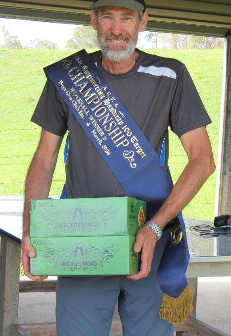 A delighted Alf Niesar accepts the sash and prize for winning the Fimac Engineering Shield at the Bega Gun Club last weekend. 