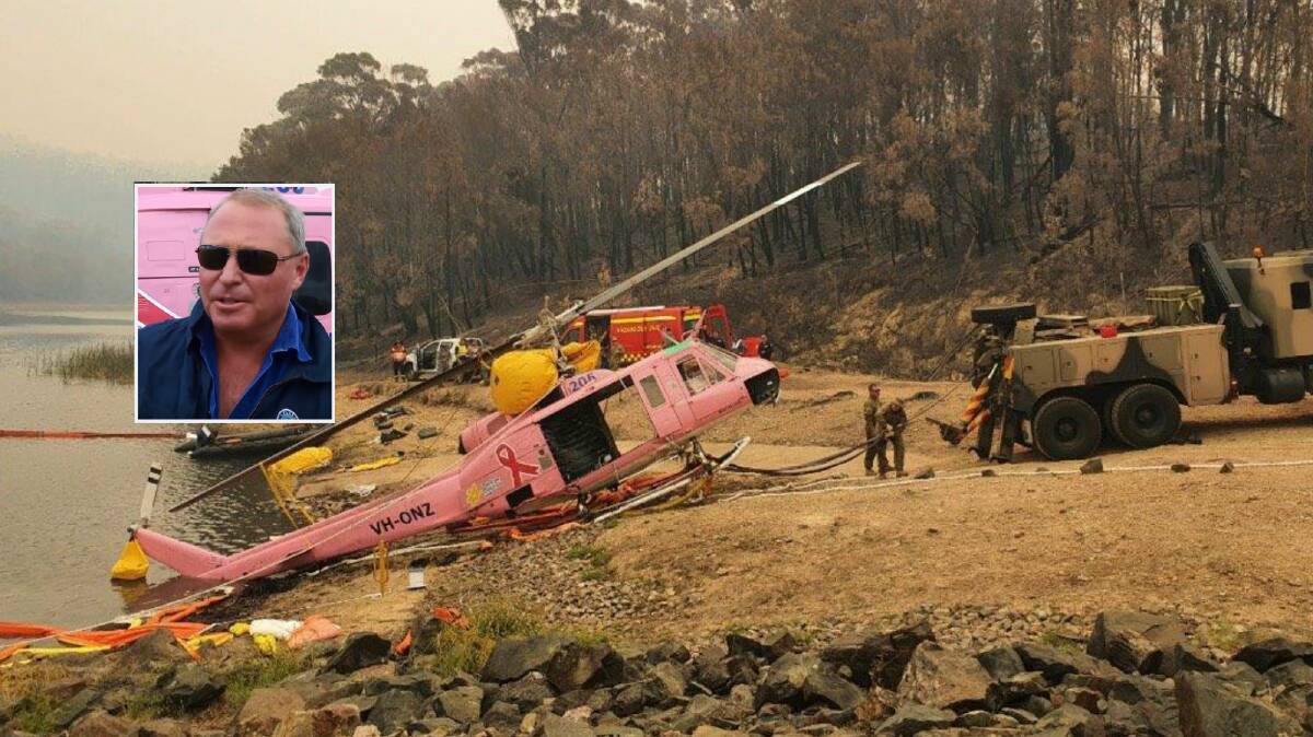 Salvaged: Lachie Onslow's water-bombing helicopter is recovered from Ben Boyd Dam by a joint Navy, Army operation and (inset) the Armidale pilot. Photo: BVSC. 