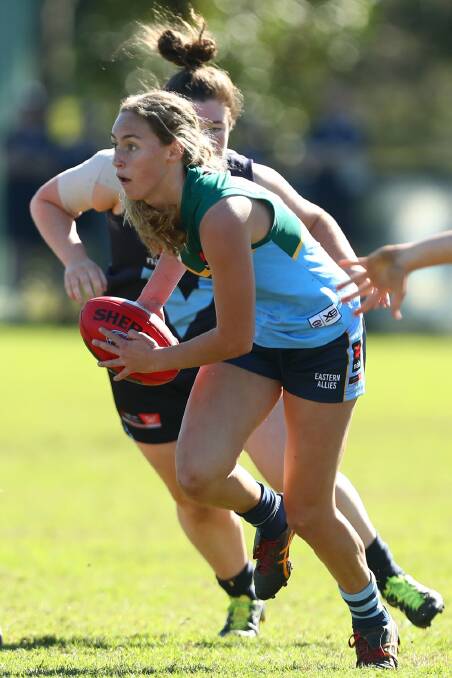 Rising star: Tarni Evans in action for the Eastern Allies as part of the Under 18 national championships last year. Picture: AFL NSW/ACT. 