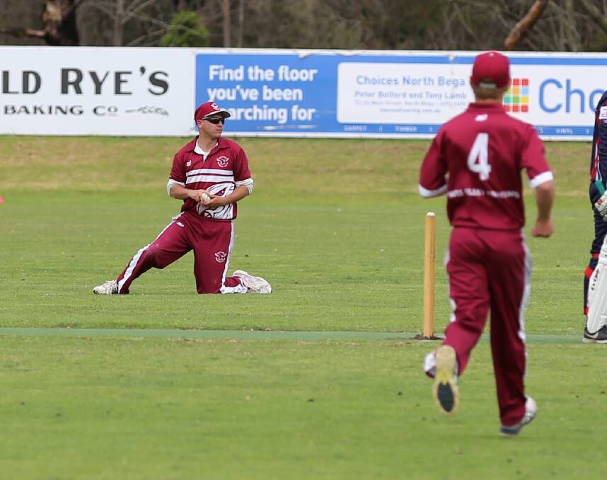 Tathra fielders nab a short ball in a recent clash with the club chasing down 240 by Bermagui on Saturday. 