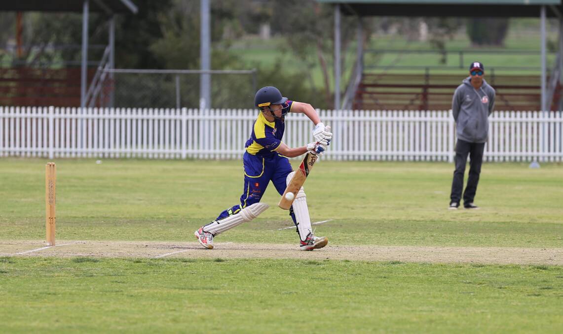Lachlan Sims gets bat to ball during the Bulls' win over the South Euro Pirates at George Griffin Oval on Saturday. 