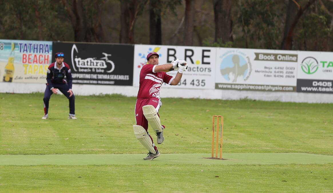 Adam Blacka sends a shot to the boundary in a recent clash, but the Eagles were brought down by Pambula on Saturday. 