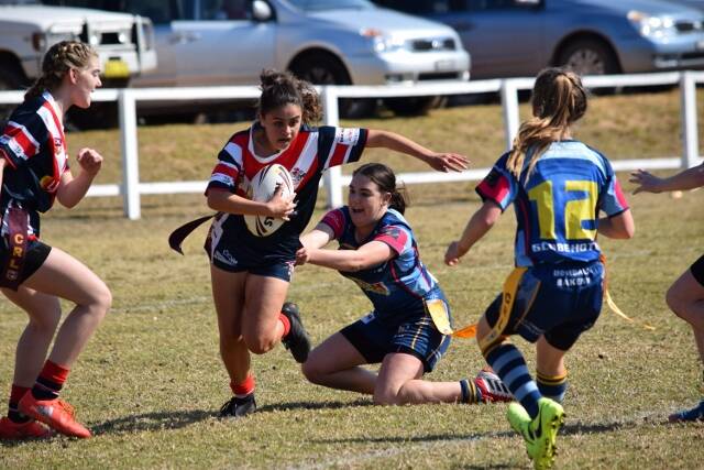 On the burst: Bega International League tag player Keyarni Luff tries to break through the Bombala defence last Saturday. Picture: Supplied. 