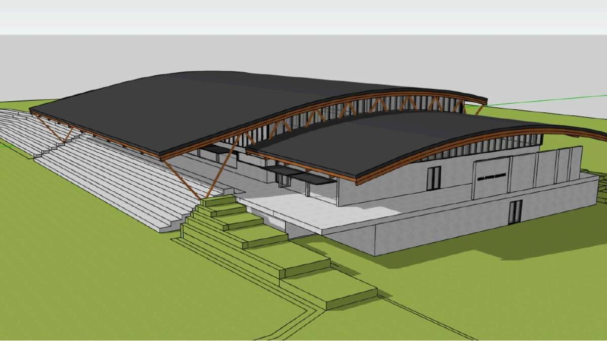 Concept renders of the Bega Sport Complex to be built between George Griffin and the Bega Recreation Ground, with mayor Russell Fitzpatrick anticipating a DA before councillors in the next few months. 