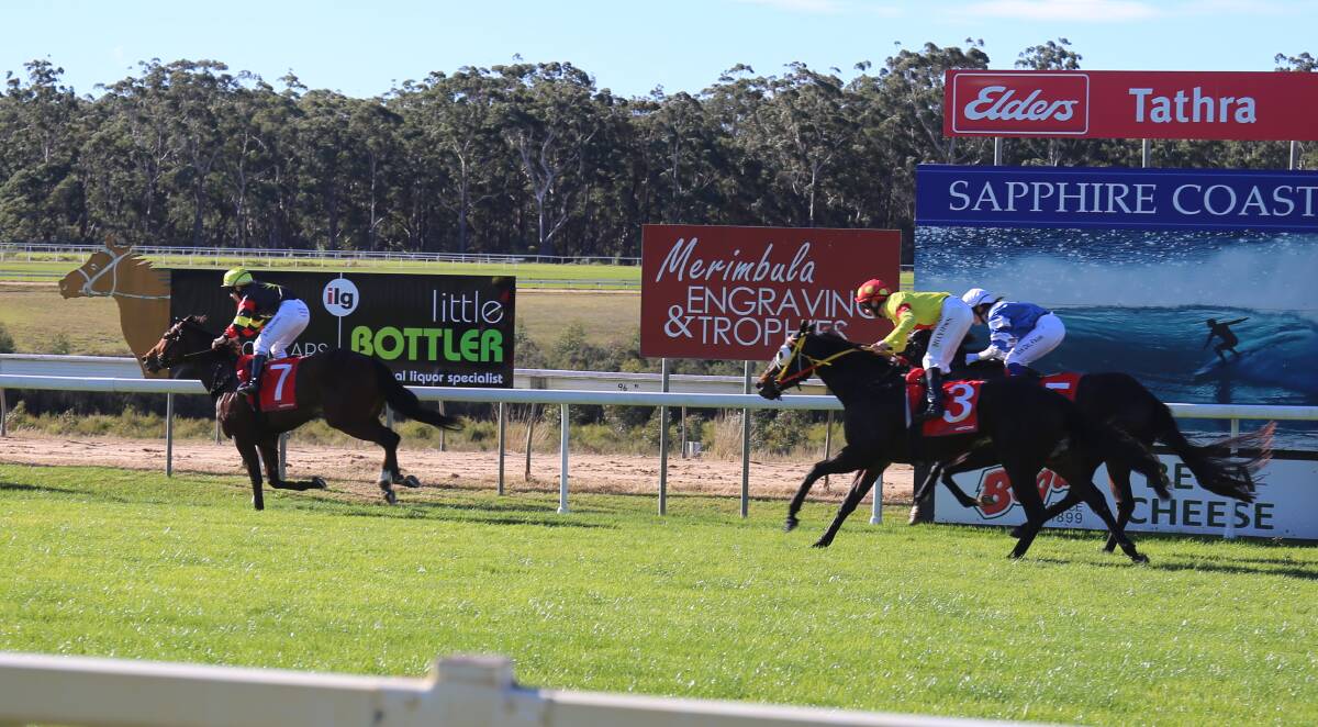 Ellen Hennessy riding Factorize bolts clear of the field to win race one at the Sapphire Coast Turf Club's Winter Sun festival race day. 
