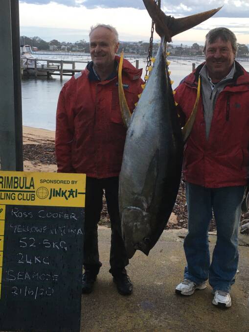 Ross Cooper with Seamode captain Paul Jones, shows off his superb yellowfin catch weighing in at 52.5 kilograms taken off Merimbula. 
