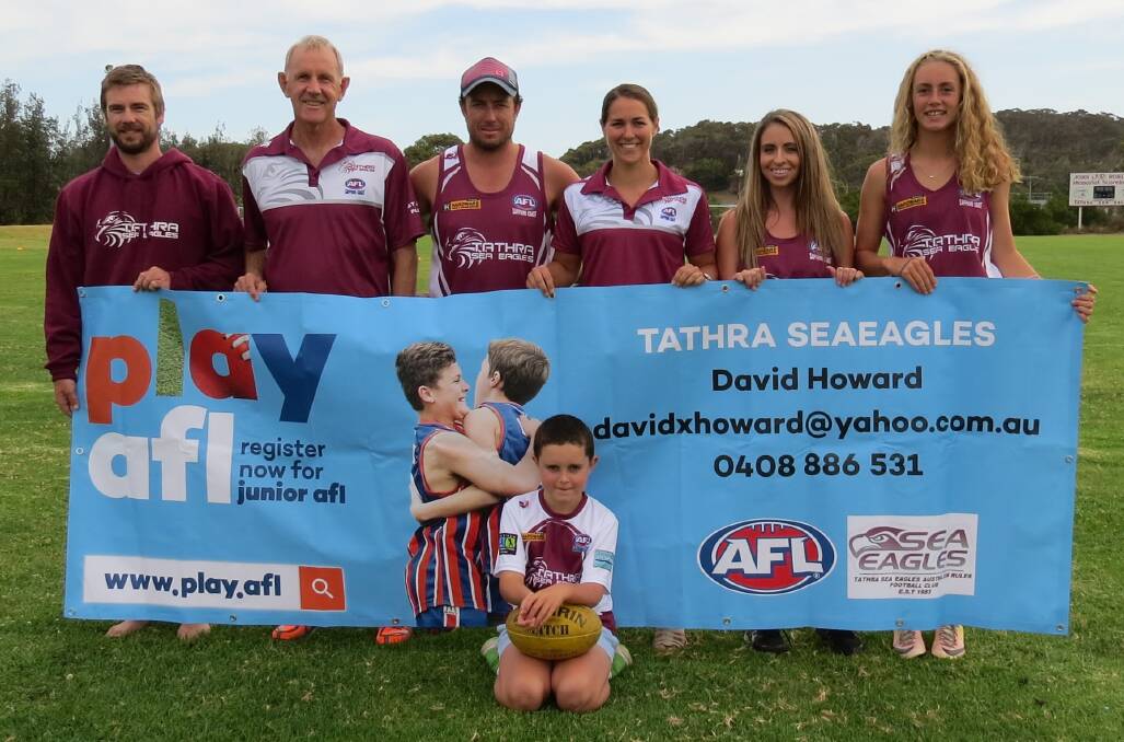 Ready to play: Excited to promote junior Aussie rules are Jarrod Palmer, David Howard, Luke Taylor, Cymmon Parker, Sharri Manning, Tarni Evans and (front) Jack Taylor.