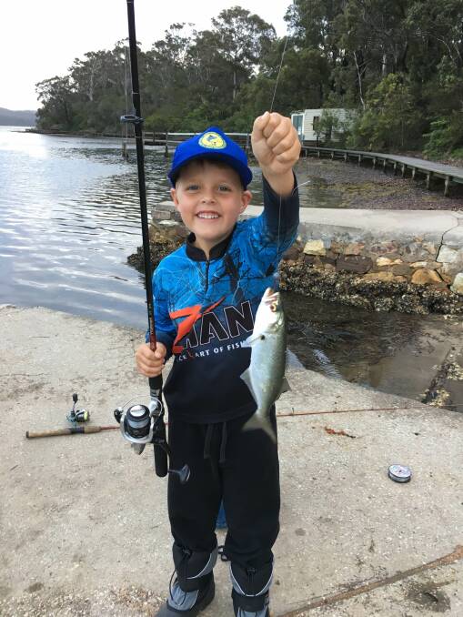 Nice catch!: Six-year-old Kade Jenkins, of Merimbula, is absolutely thrilled with his “chopper” tailor he caught at the boardwalk Merimbula. 