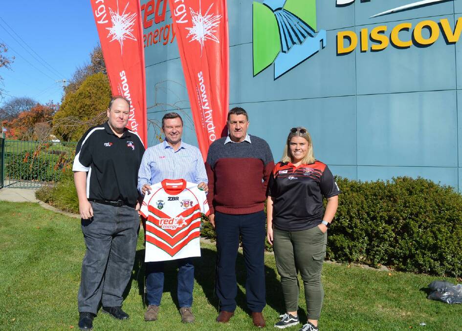 It's a deal: Celebrating the new sponsorship are under 18s rep coach Jason Kelly, Red Energy's Neil Thew, Group 16 chairman Allan Wilton and league promoter Ash Steinke. 