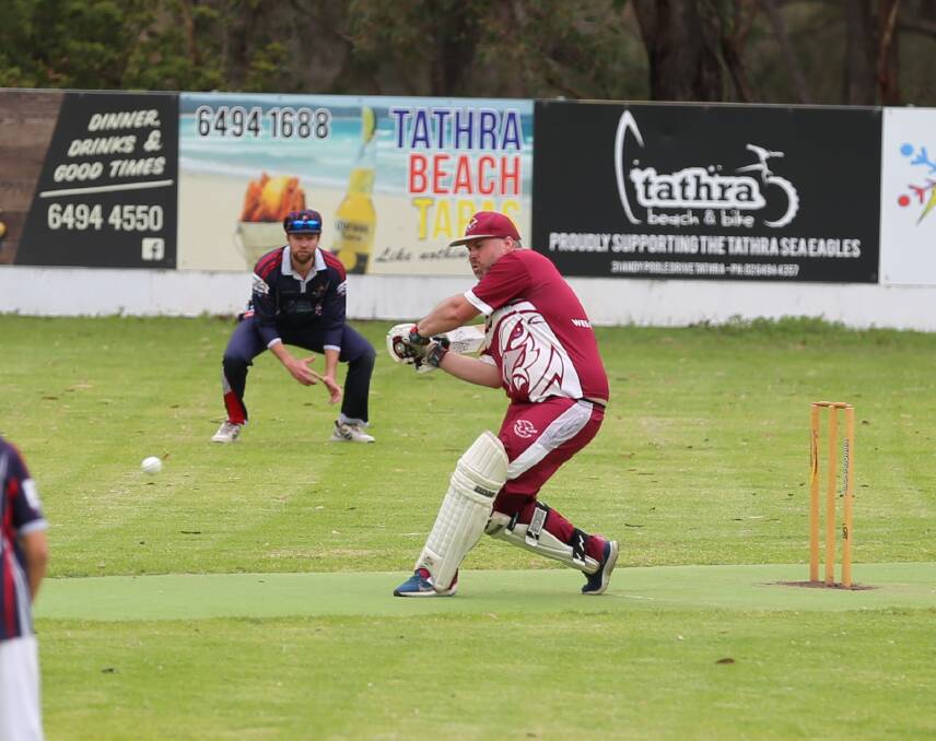 Pete Bennett winds up a swing during his stint at the crease where he knocked 102 runs against Merimbula on Saturday. 
