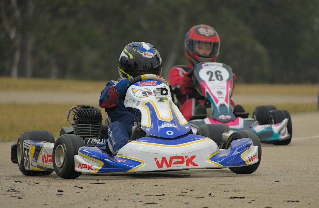 Left hander: Karters turn into a bend during some superb racing at round four of the club championship on the Frogs Hollow circuit on the weekend. Picture: Andrew Larkin 