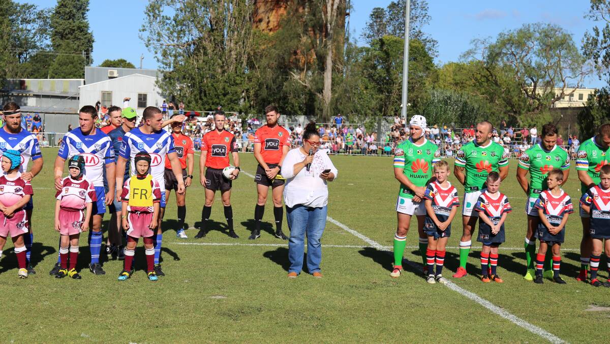 Michelle Scott welcomes everyone to the NRL Trial with a Welcome to Country ceremony on Saturday afternoon. 