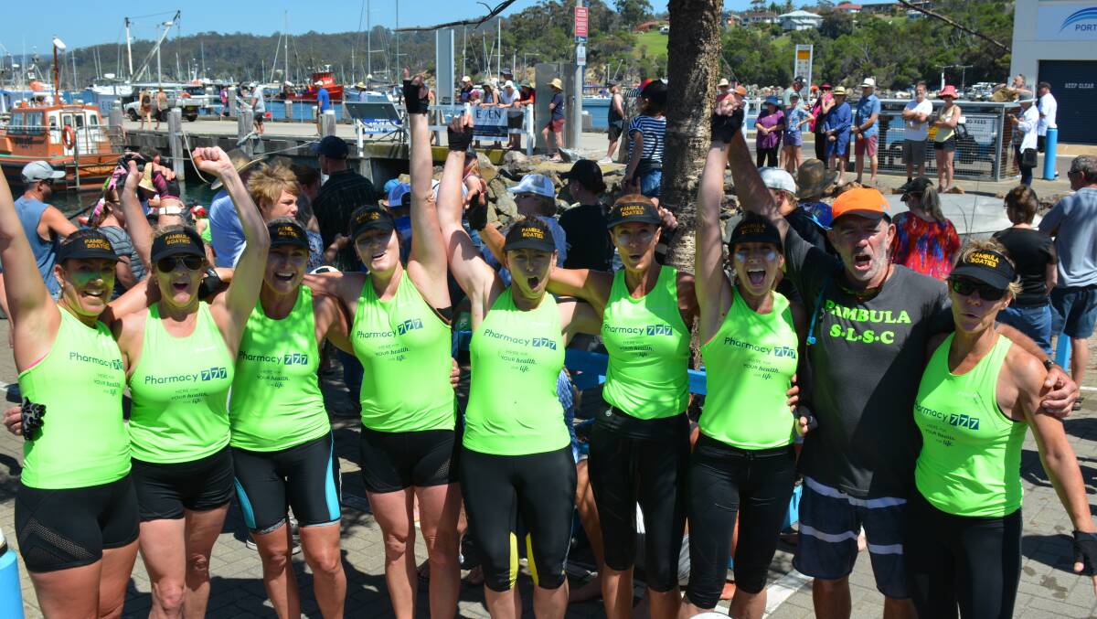 Champions: The Pambula women's masters crew celebrate a first-place finish to the George Bass Marathon.