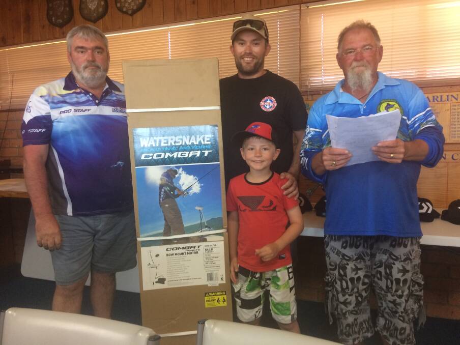 Big fish, big prize: Ron Vanderdrift and Lindon Thompson congratulate Matt Collins and his son Harry on their major prize win for the longest bream at the Tackle World Tri Estuary Challenge last weekend. 
